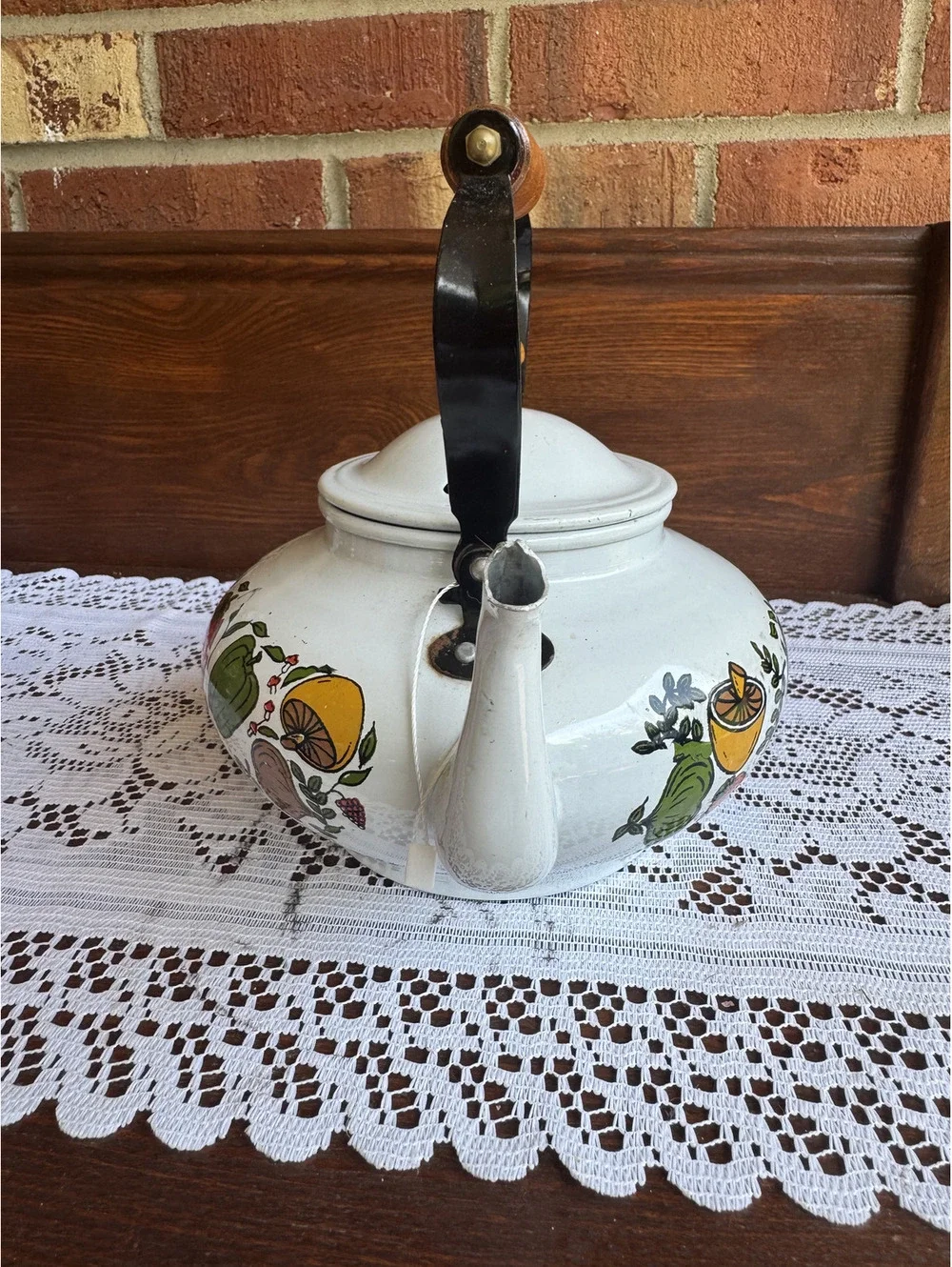 Vintage Enamel Teapot with Wooden Handle and Veggie and Mushroom Design